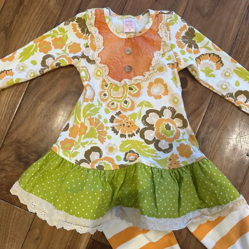 Giggle Moon Girls Long Sleeve Dress Pants Set 4t Ruffles Long Sleeve Orange Fall